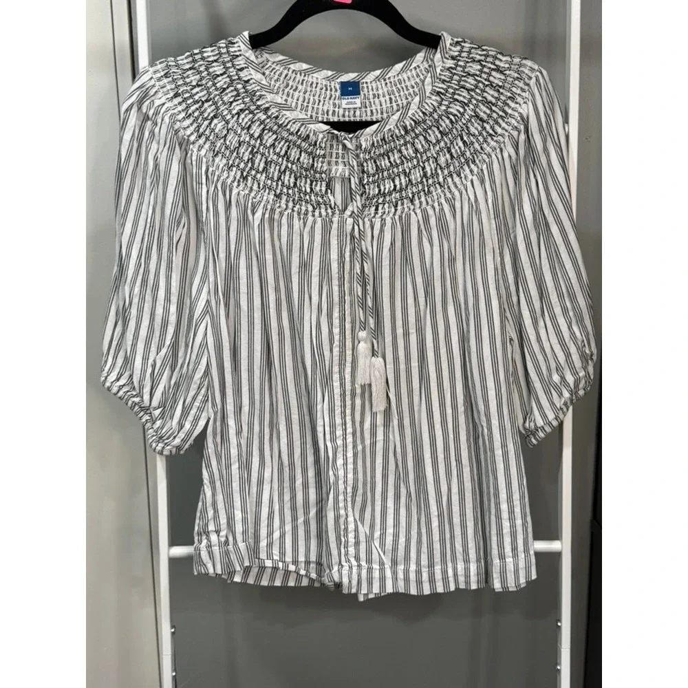 Old Navy Women Smocked Peasant Blouse White Black Striped Tassel Top Medium